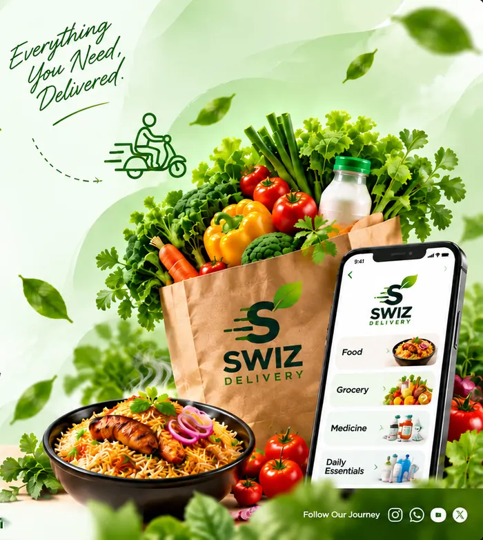 A Swiz Delivery grocery bag with fresh vegetables, a biryani bowl and the Swiz app on a phone